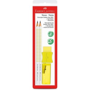 KIT ESCOLAR 2 LÁPIS PRETO+APONTADOR+BORRACHA GRIP NEON AMARELO FABER CASTELL